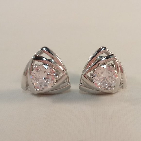 Silver Plated Swirl Triangle Shape White Diamond Zircon Stud Earrings 1.28ctw - Picture 2 of 4